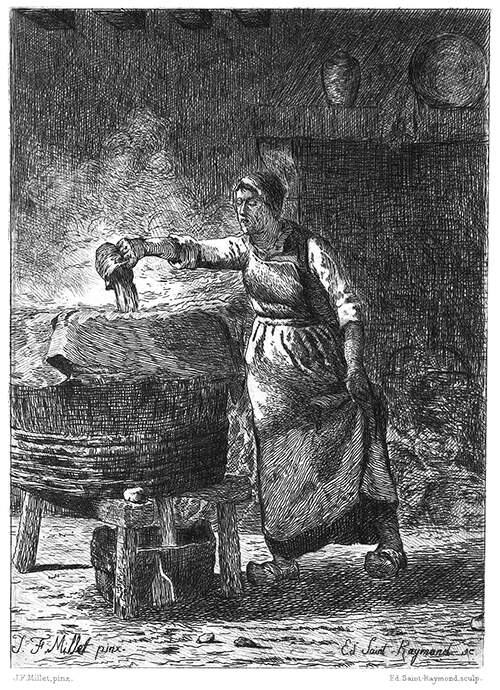 A woman doing the laundry pours the content of a pitcher into a large wooden bucket