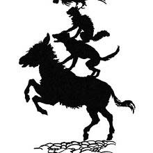 A rooster stands on a cat, which sits on a dog, which stands on an ass's back