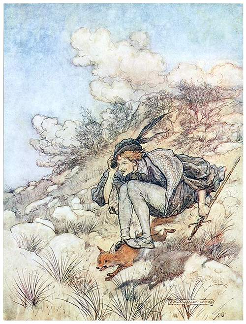 A man carrying a sword holds on to his hat as he rides a running fox down a slope