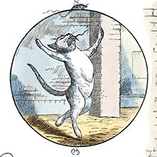 A cat with a mouse in its mouth stands in a posture reminiscent of a rope dancer