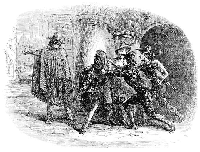 A man has a cloak flung over his head by a gang lead by a figure wearing a mask