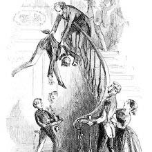 A man in a staircase holds another over the banister as though about to drop him