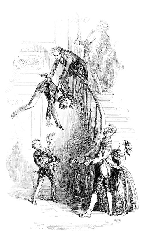 A man in a staircase holds another over the banister as though about to drop him