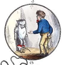 A cat is cornered by a boy hiding a noose weighted with a stone behind his back