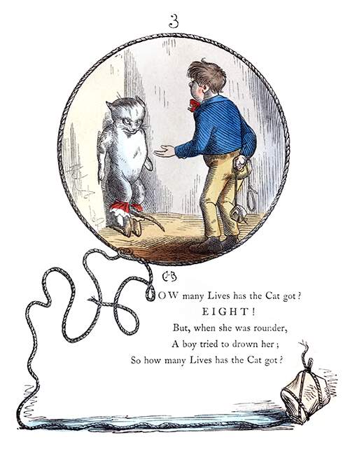 A cat is cornered by a boy hiding a noose weighted with a stone behind his back