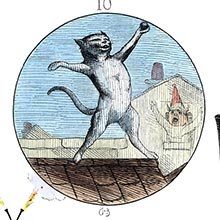 A cat stands on her hind legs on a roof, holding a bullet in her paw