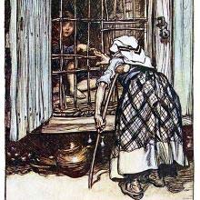An old woman with a crutch stands before a cage where a boy is kept prisoner