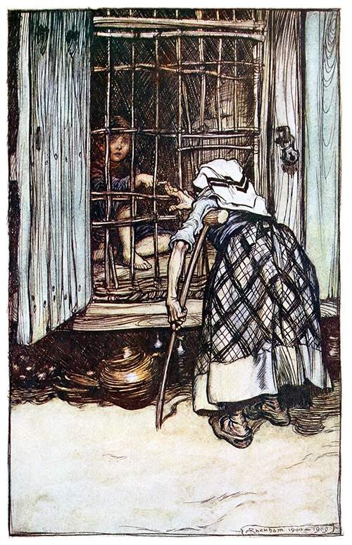 An old woman with a crutch stands before a cage where a boy is kept prisoner