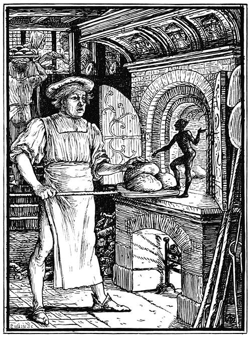 A baker about to put bread in the oven discovers a spirited imp