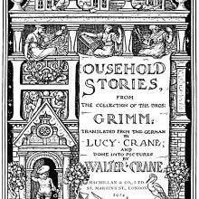 Title page for Household Stories showing a boy with a large key entering a house