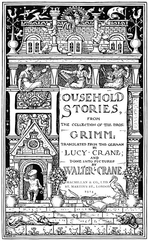 Title page for Household Stories showing a boy with a large key entering a house