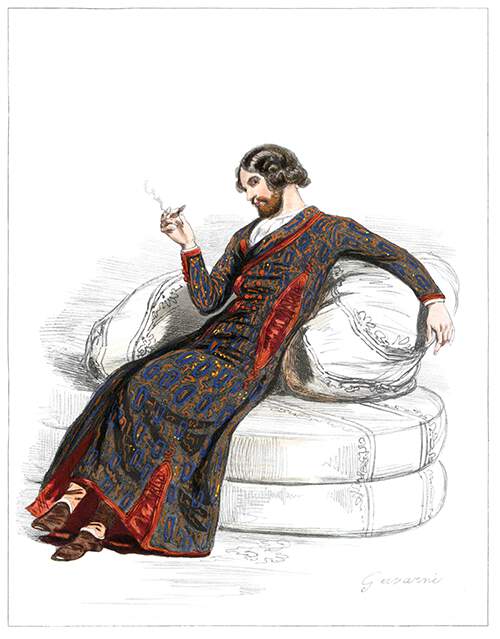 Fashion plate showing a man in a stylish dressing gown reclining on cushions