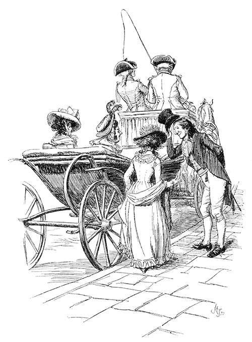 A man raises his hat to a young woman about to join her friends in a carriage