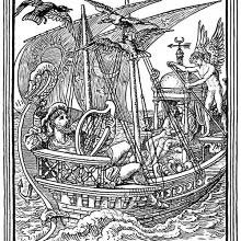A man is reclining with a Celtic harp in his hand at the prow of a sailboat