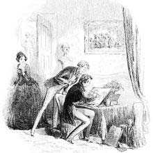 A man is sitting at a table drawing while another stands behind him watching