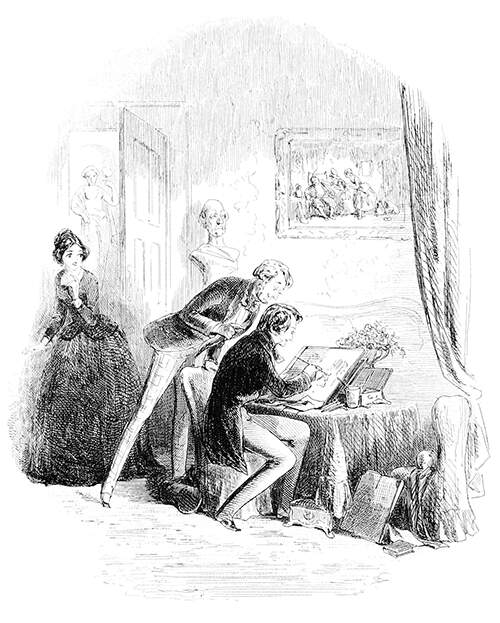 A man is sitting at a table drawing while another stands behind him watching