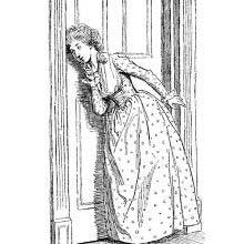 A woman stands with her ear to a door, intent on whatever she might be hearing