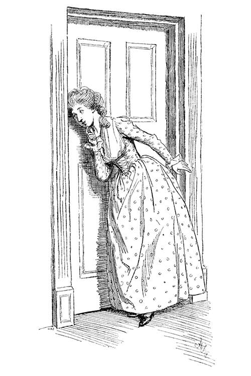 A woman stands with her ear to a door, intent on whatever she might be hearing