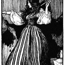 A woman holds a magic wand in one hand and a severed head in the other