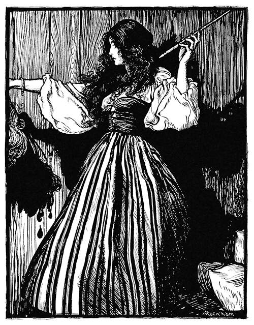 A woman holds a magic wand in one hand and a severed head in the other