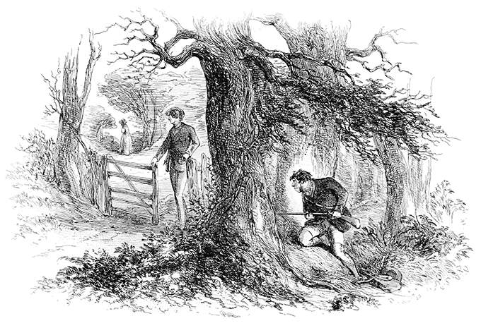 A man is hiding with a rifle behind a tree, waiting for another to come his way