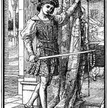 A man carries a pearl necklace at the point of his sword while pulling a curtain