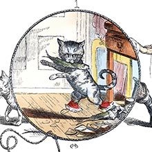 A cat is running away standing on her hind legs and with a fish in her mouth