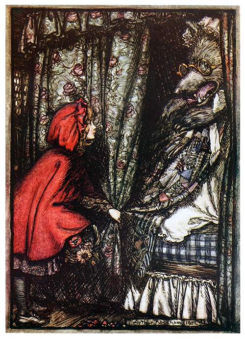Little Red Riding Hood pulls the curtain of the bed in which the wolf is lying
