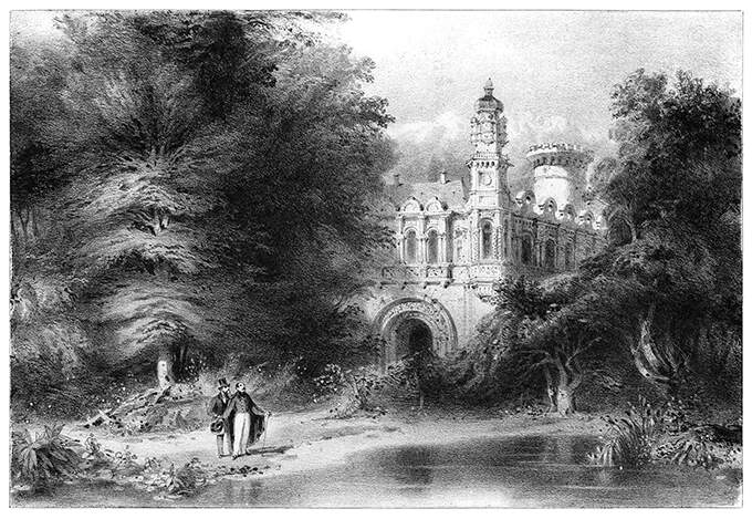 Two men stand by a pond as a fancy castle can be seen in the background