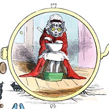 A cat wearing a red dressing gown and a mob cap is sitting with a bowl on its lap and its feet in a bucket