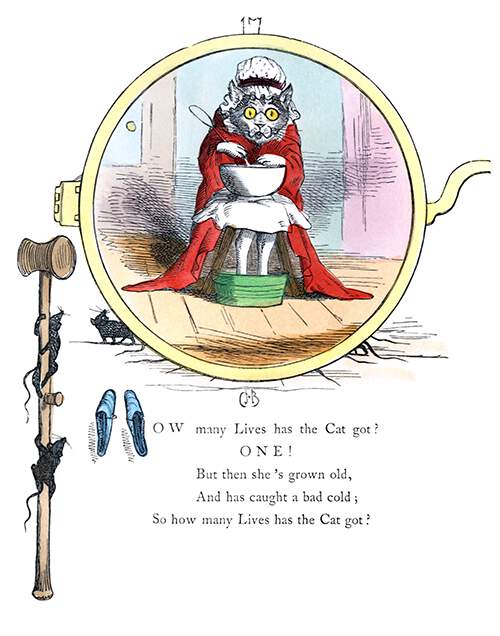 A cat wearing a red dressing gown and a mob cap is sitting with a bowl on its lap and its feet in a bucket