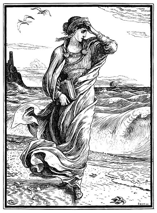 A woman wearing a diadem takes a walk on the beach with a book in her hand