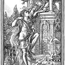 A man reaches the top of a tower climbing up a woman's hair