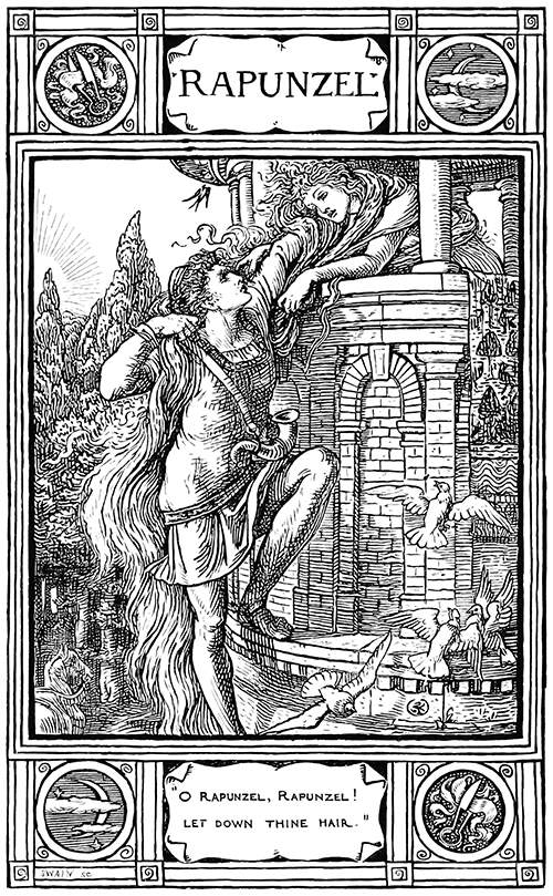 A man reaches the top of a tower climbing up a woman's hair