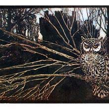 An owl sits on a branch as a crenellated castle can be seen in the background