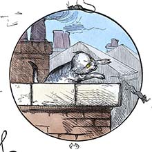 A cat chasing mice on a roof is about to jump over the parapet