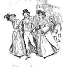 Two cheerful women have taken the arms of a man looking pleased with himself