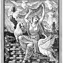 A young woman sitting on a pile of wood is surrounded by swans