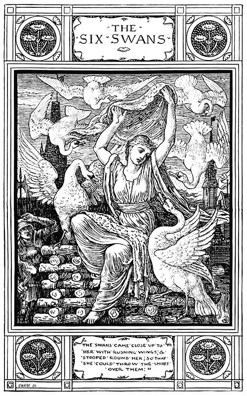 A young woman sitting on a pile of wood is surrounded by swans