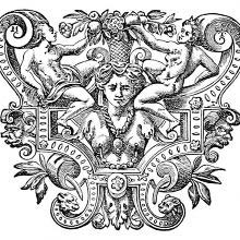 Tailpiece with three mythological figures set in architectural ornamentation