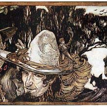 Tom Thumb stands on the rim of a man's hat and waves goodbye to his father