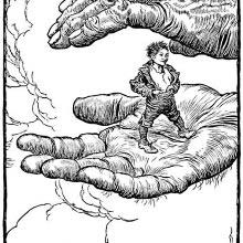 Tom Thumb stands poised on the palm of a coarse and hairy hand