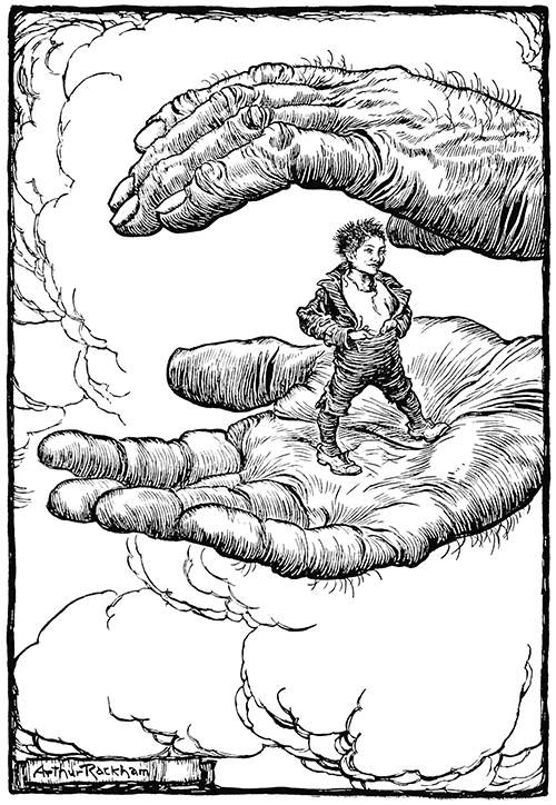 Tom Thumb stands poised on the palm of a coarse and hairy hand