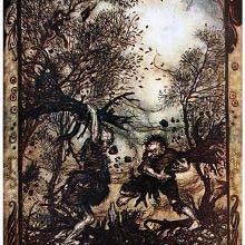 Two giants are in the woods, fiercely fighting with trees they have pulled up