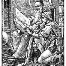 An old man is sitting with a large book from which he reads with a younger man