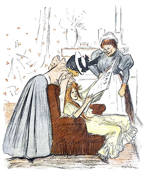 Three women are chatting over a newspaper one them is reading in an armchair