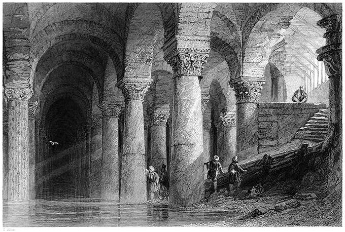 The Basilica Cistern, Istanbul, showing an archway supported by large pillars