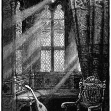 Oriel window seen from the inside with a lute resting against a bench
