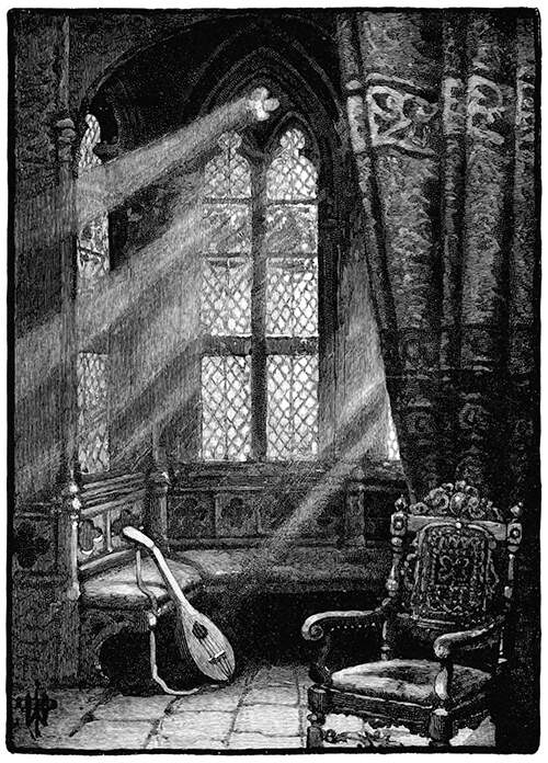Oriel window seen from the inside with a lute resting against a bench