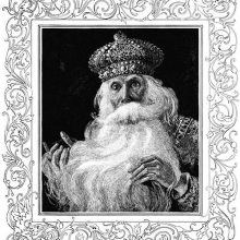 An astonished old king looks at the viewer as his hands play in his fluffy beard
